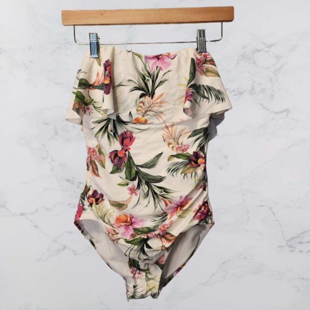 Kona Sol White Floral One Piece NWT Bathing Suit Small High Coverage #3540